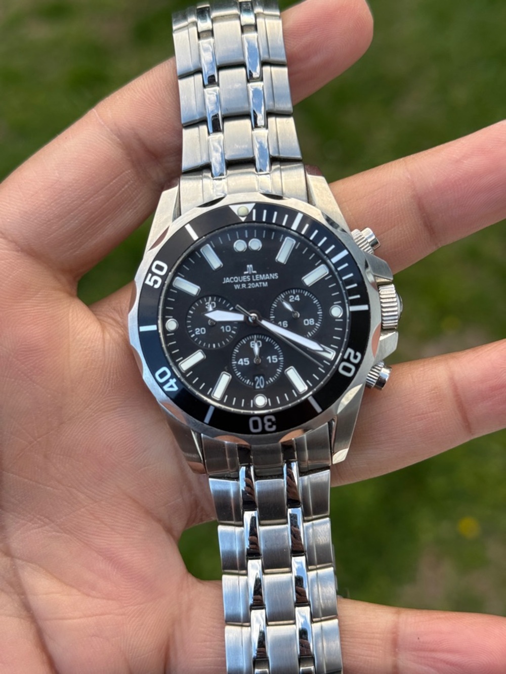 Jacques Lemans Silver and Black Chronograph Dive Watch men’s